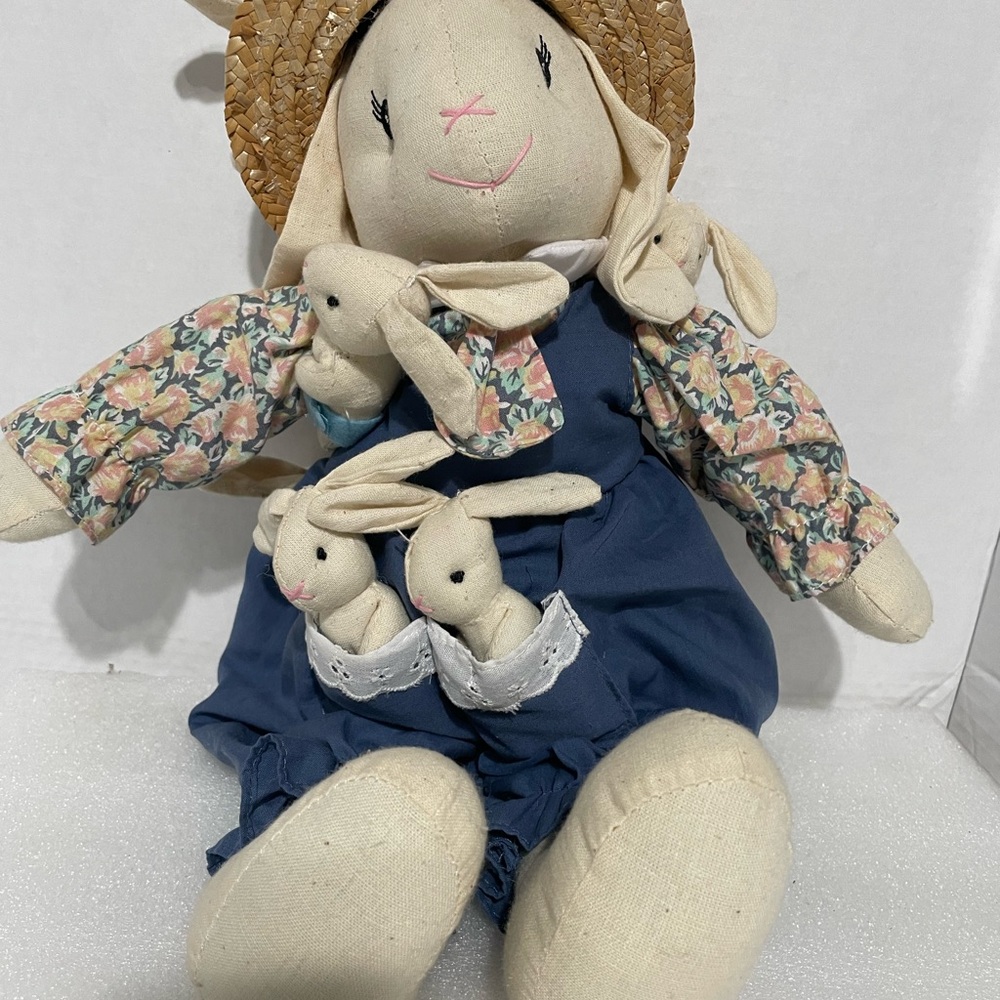 Handmade Cream Fabric Easter  Bunny Doll with Navy Dress and Floral Sleeves